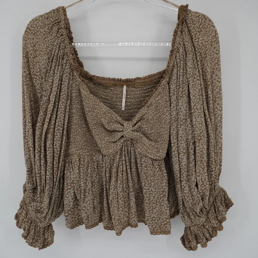 Free People Olive Floral Peasant Top